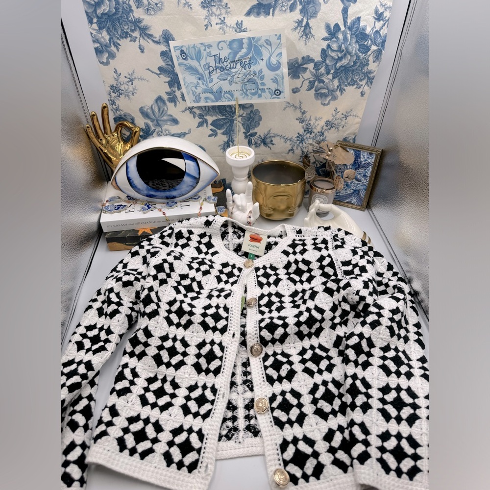 🆕 FARM Rio 🧿 NWT Patch Crochet Black & White Monochrome Button Up Jacket, Sz S - Picture 2 of 16